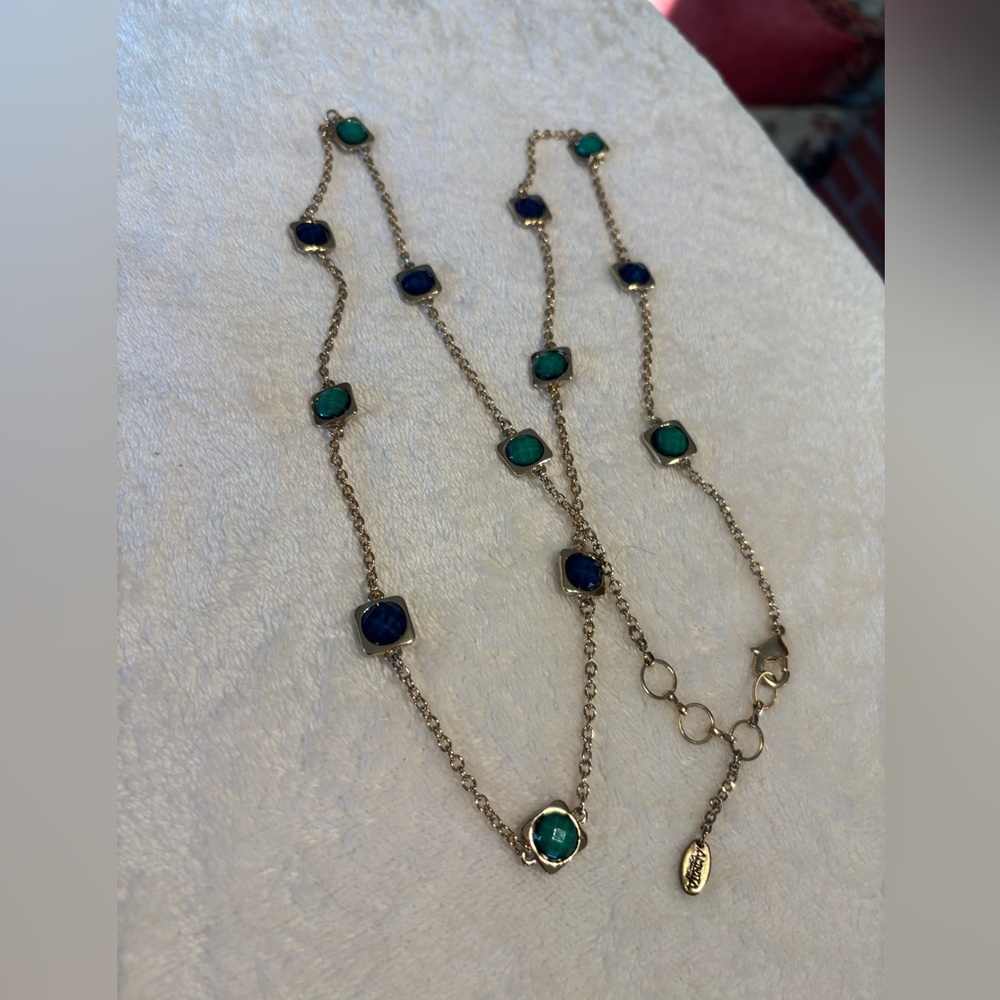 Elegant Goldtone Necklace with Green and Blue Stones